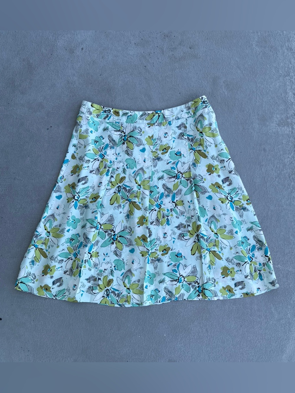 Vintage Merona 100% Silk  Floral A-Line Midi Skirt in Aqua, Olive and White